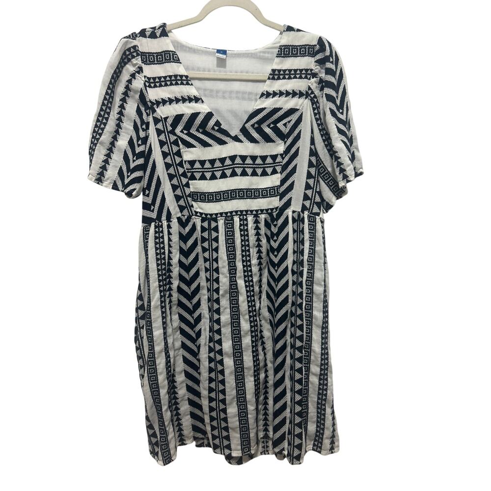 Old Navy Babydoll Black White Geometric Lined V-Neck Mini w/Pockets Dress M